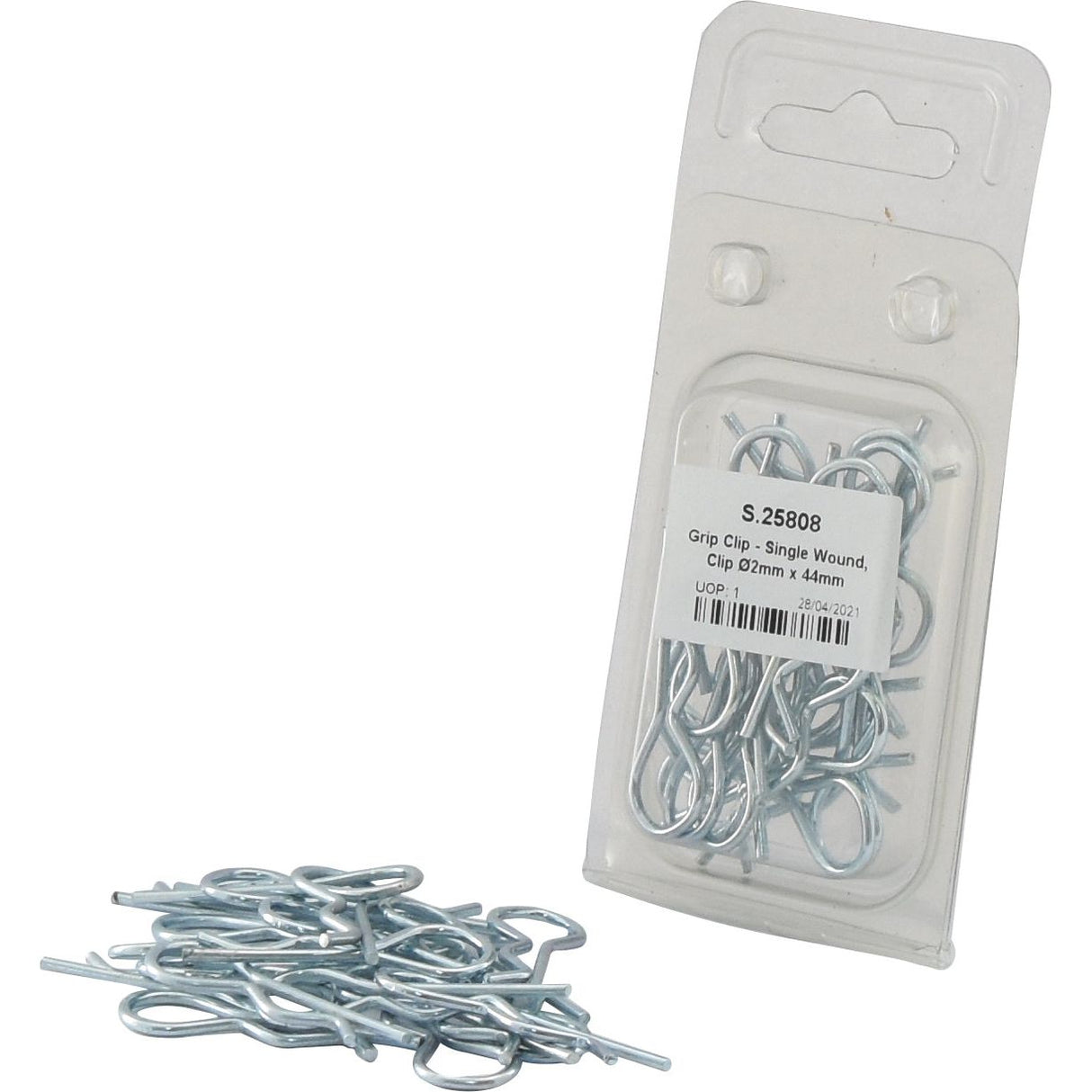 A package labeled "Grip Clip - Single Wound, Clip Ø2mm x 44mm | Sparex Part No.S.25808" with several metal grip clips next to it. Ideal for use with Agripak systems, these Single Wound Clips fit pin diameters of Ø6-11mm.