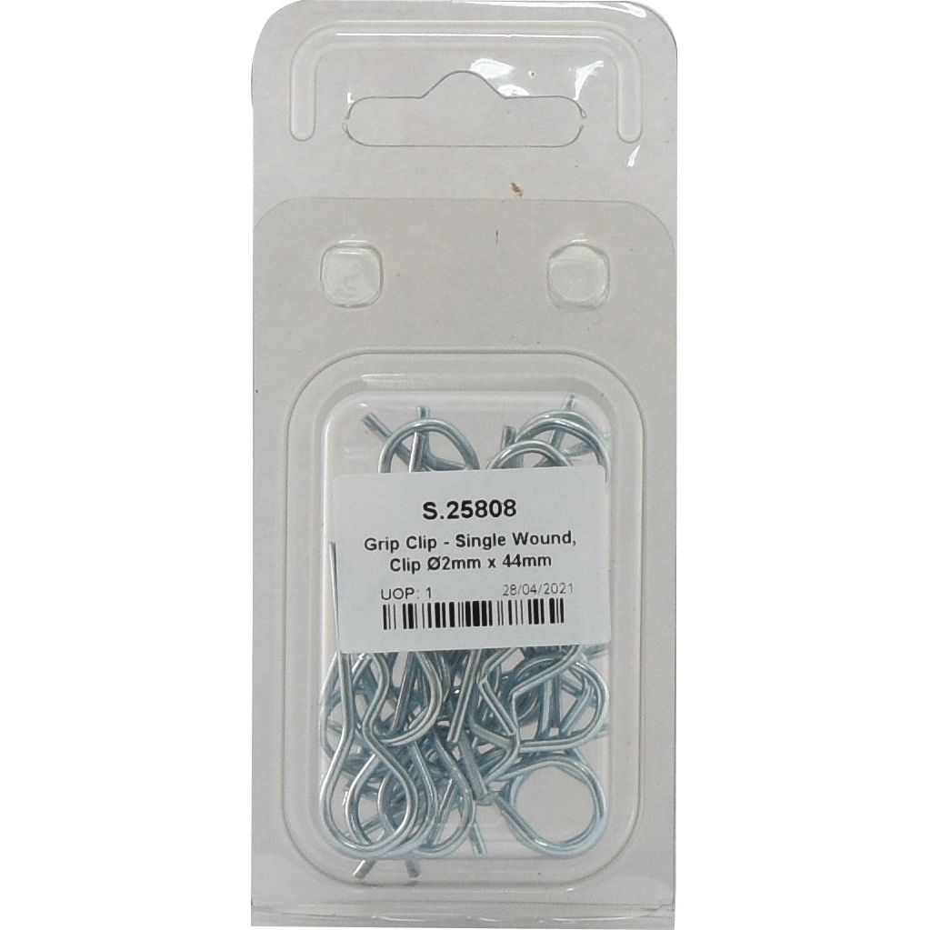 A package from Sparex containing multiple grip clips, marked with a label that reads: "Grip Clip - Single Wound, Clip Ø2mm x 44mm | Sparex Part No.S.25808," along with a date and UOP code.