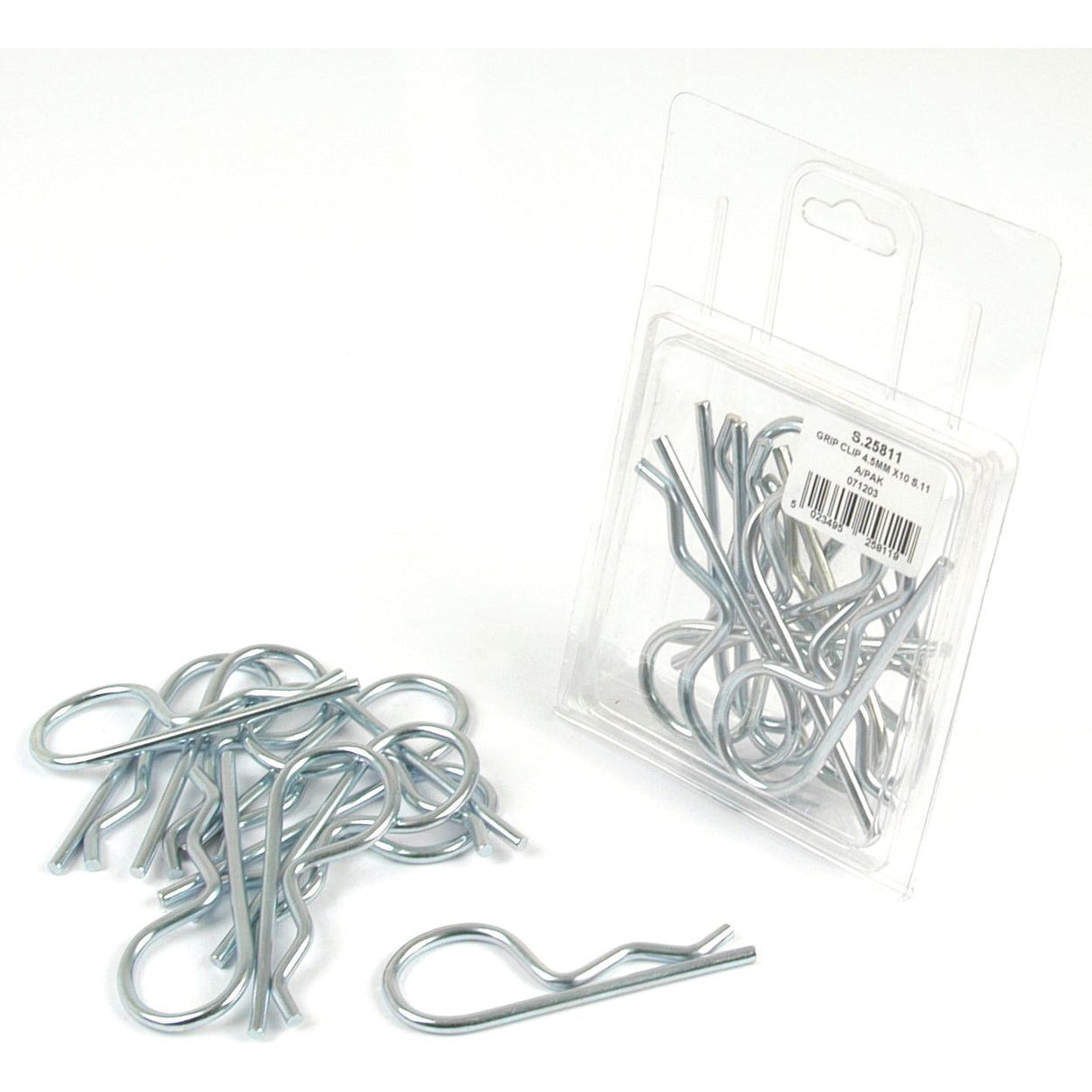 Pictured are several Grip Clips - Single Wound, Clip Ø4.5mm x 93mm (Sparex Part No. S.25811), some loose and others in a clear plastic packaging.