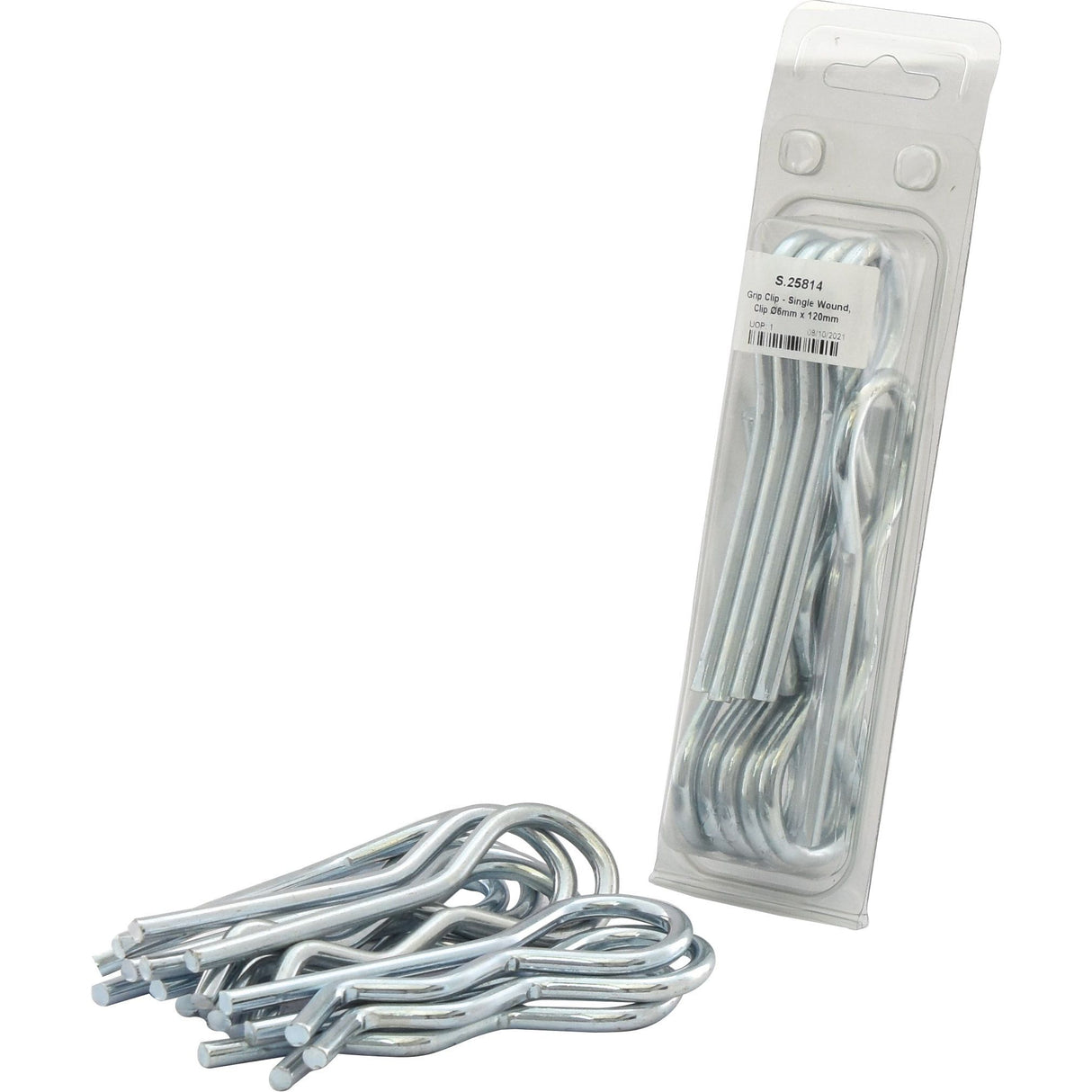 Two sets of cotter pins, one in clear plastic packaging with the 'Agripak' label and the other laid out in front of it, alongside a Sparex Grip Clip - Single Wound (Ø6mm x 120mm), Part No. S.25814.