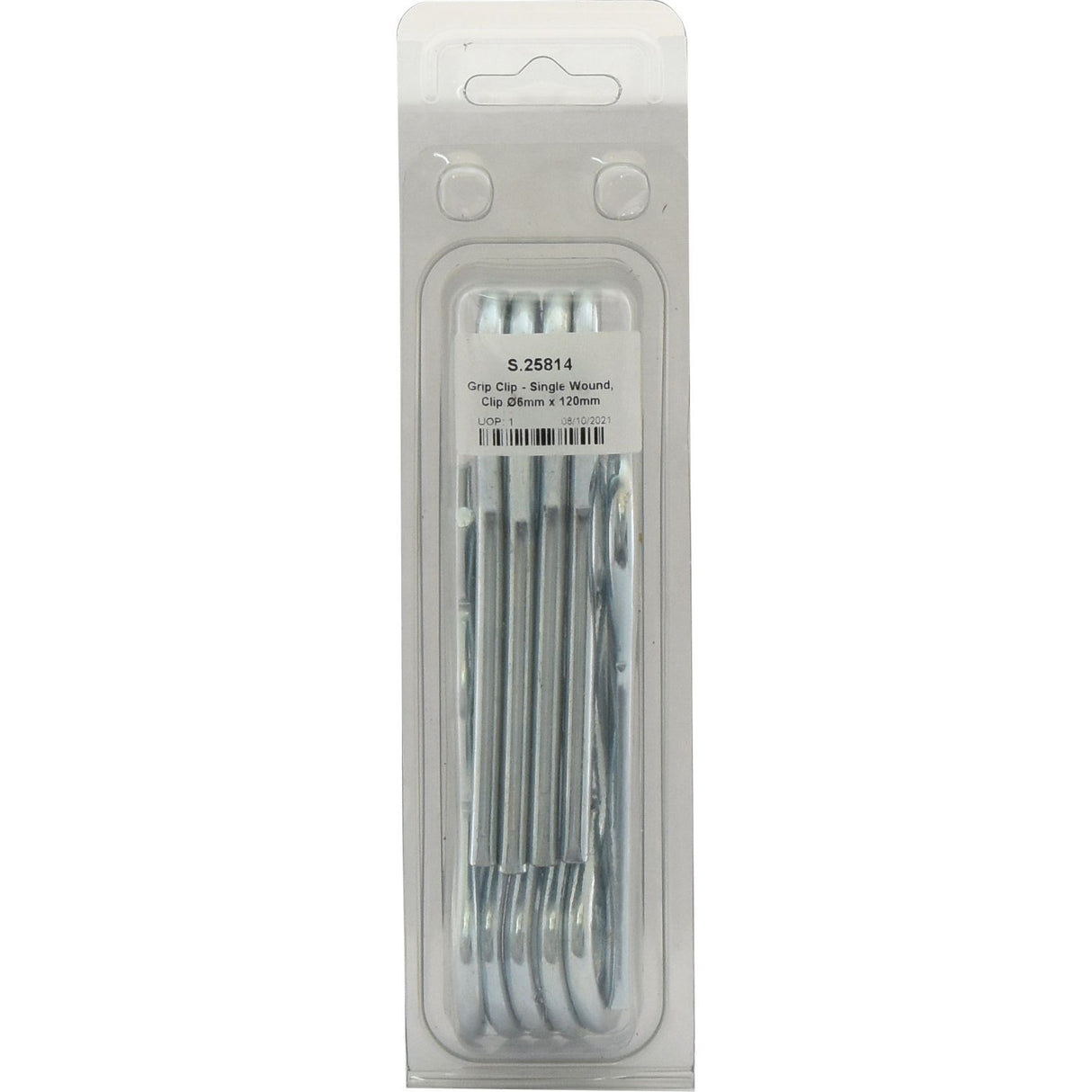 A package containing several metal wound grip clips from Sparex. The label indicates the item number S.25814 and describes them as "Grip Clip - Single Wound, Clip Ø6mm x 120mm.
