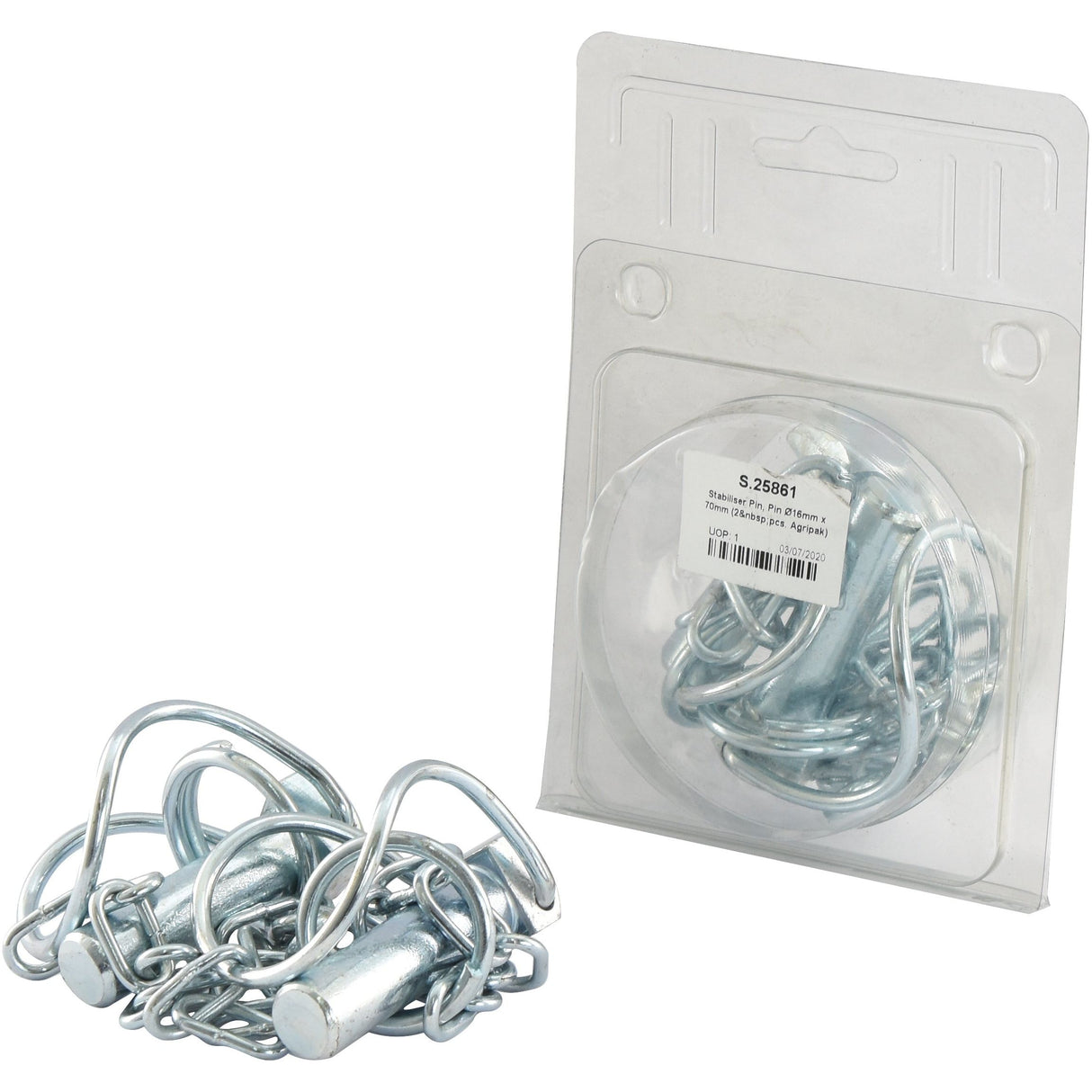 Two sets of silver Stabiliser Pins (Pin Ø16mm x 70mm) from Sparex, with one set unpackaged and the other set in a transparent plastic package featuring a barcode and product information label from Agripak.