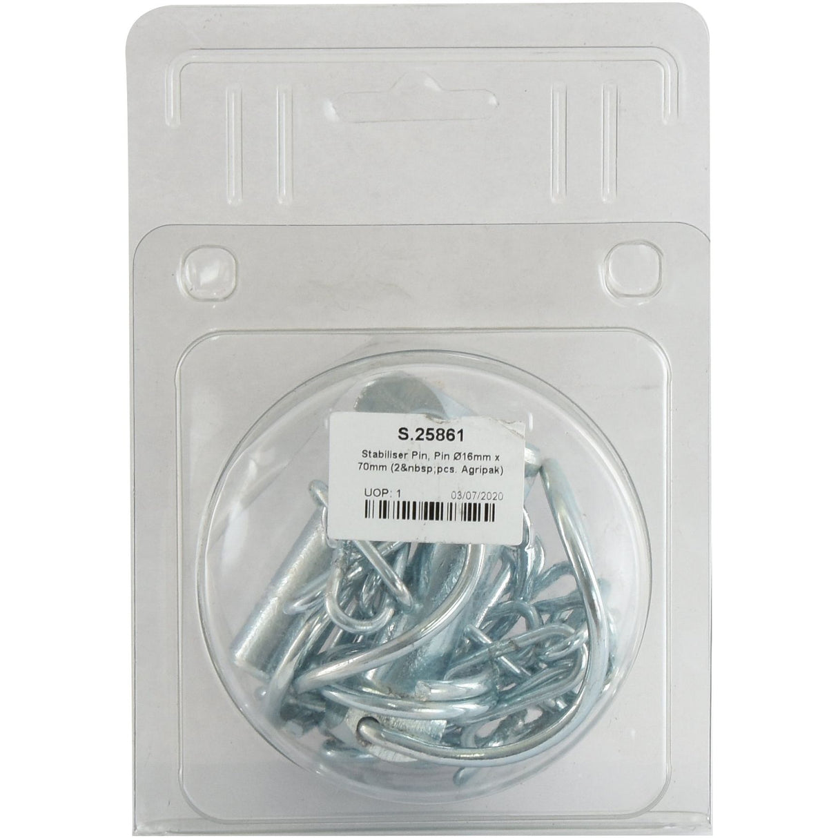 A blister pack containing Sparex stabiliser pins, with two pins of Ø16mm x 70mm per package (Agripak), displayed against a white background.