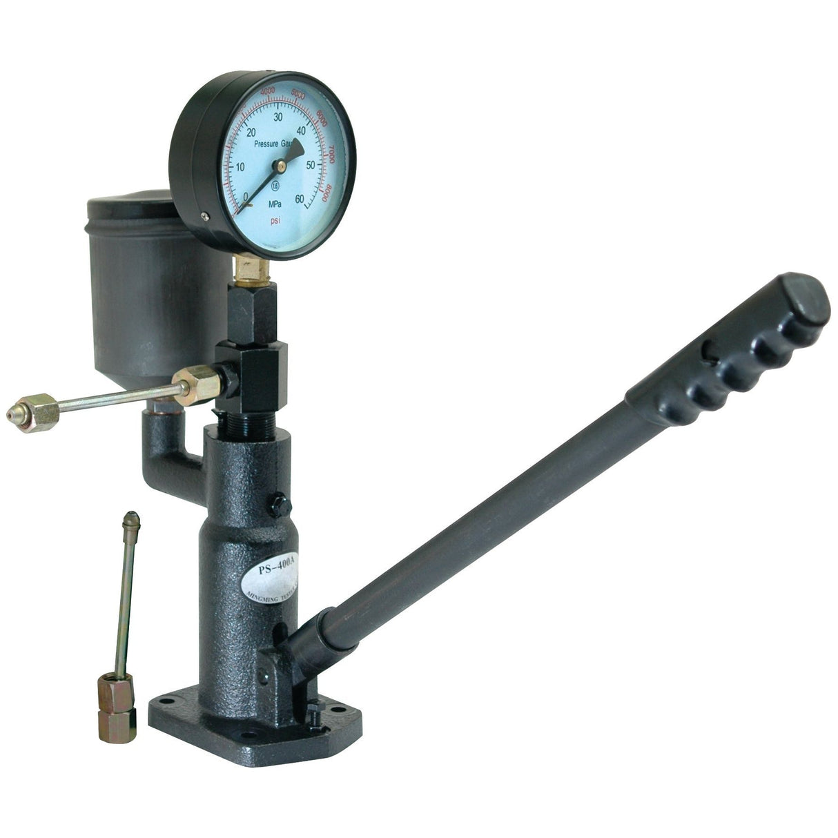 Image of the Diesel Injector Tester - S.26266 by Sparex, featuring a high-pressure gauge, an operational handle, and various attached fittings.