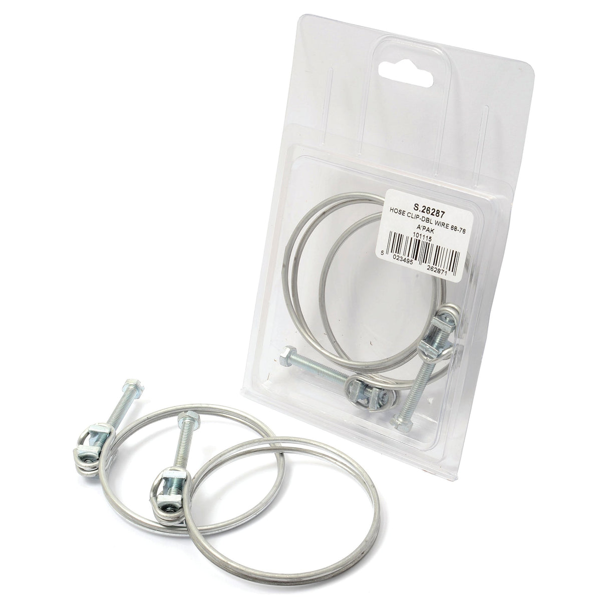 Two Double Wire Hose Clips, sized Ø69-76mm, are packaged in a clear plastic container with a printed label. The package contains 2 pieces under the Sparex brand and has the part number S.26287.