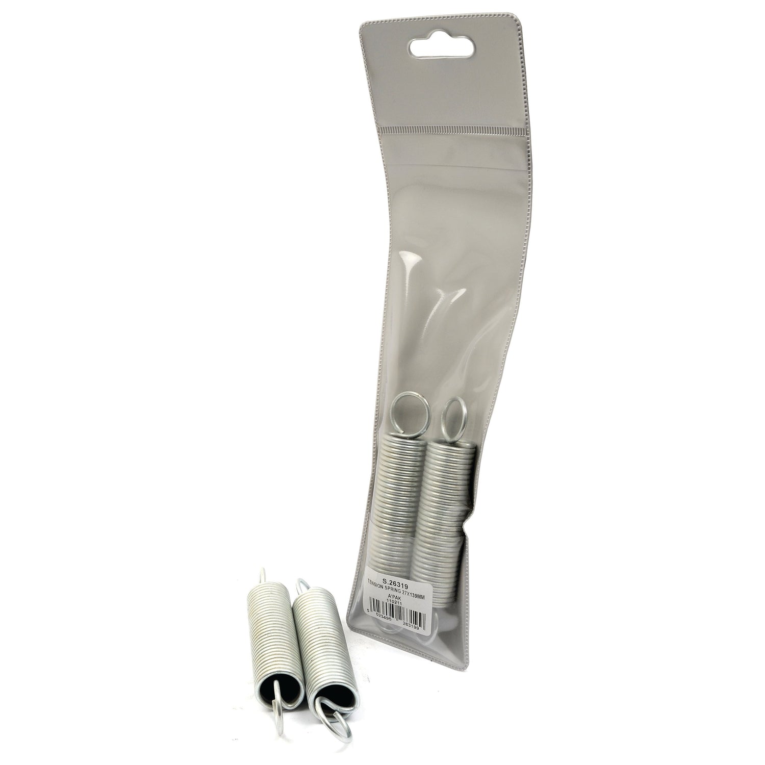 This image shows a package of two metal Tension Springs (2 pcs. Agripak | Sparex Part No.S.26319 from Sparex, with two additional springs placed outside the package. The silver, cylindrical springs are a reliable addition to any toolkit.