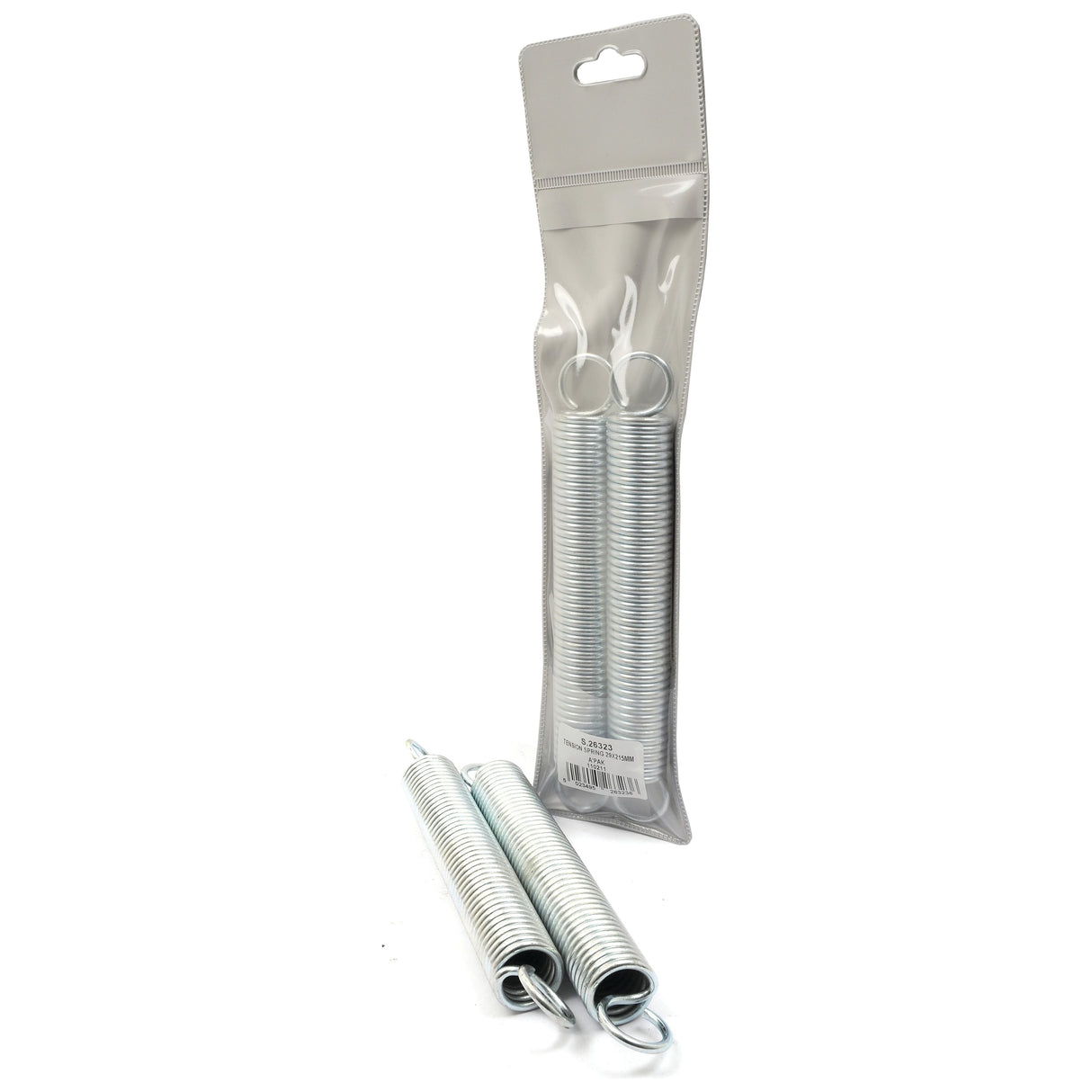 Two coiled metal springs are pictured; one is lying flat on a surface while the other stands upright. A packaged set of four identical Tension Springs (2 pcs. Agripak | Sparex Part No.S.26323) from the brand Sparex, with a wire Ø3.8mm and Ø29mm diameter, stands in the background.