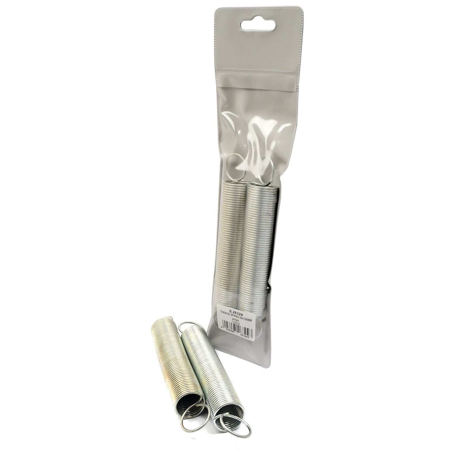 Two tension springs from Sparex (Sparex Part No. S.26324) in front of a sealed transparent Agripak containing three additional identical springs, all displayed against a white background.