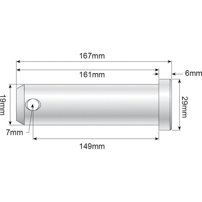 Technical drawing of a cylindrical object with dimensions: length 167mm, diameter 29mm, featuring a 7mm hole. Additional measurements for sections at 161mm, 149mm, and 6mm are included. This Loader pin adheres to Sparex specifications with precision detail under the product name "Loader pin 19x149mm Cat.1 - S.2632.