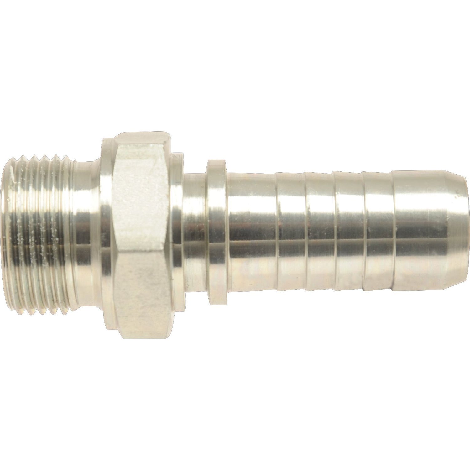 The Sparex Dicsa BSP 60° Hose Insert 1/2'' x 5/8'' Male Thread Straight (Sparex Part No.S.26527) features a silver metal hose barb with a threaded end and ridged nozzle, designed for connecting flexible hoses to threaded fittings.