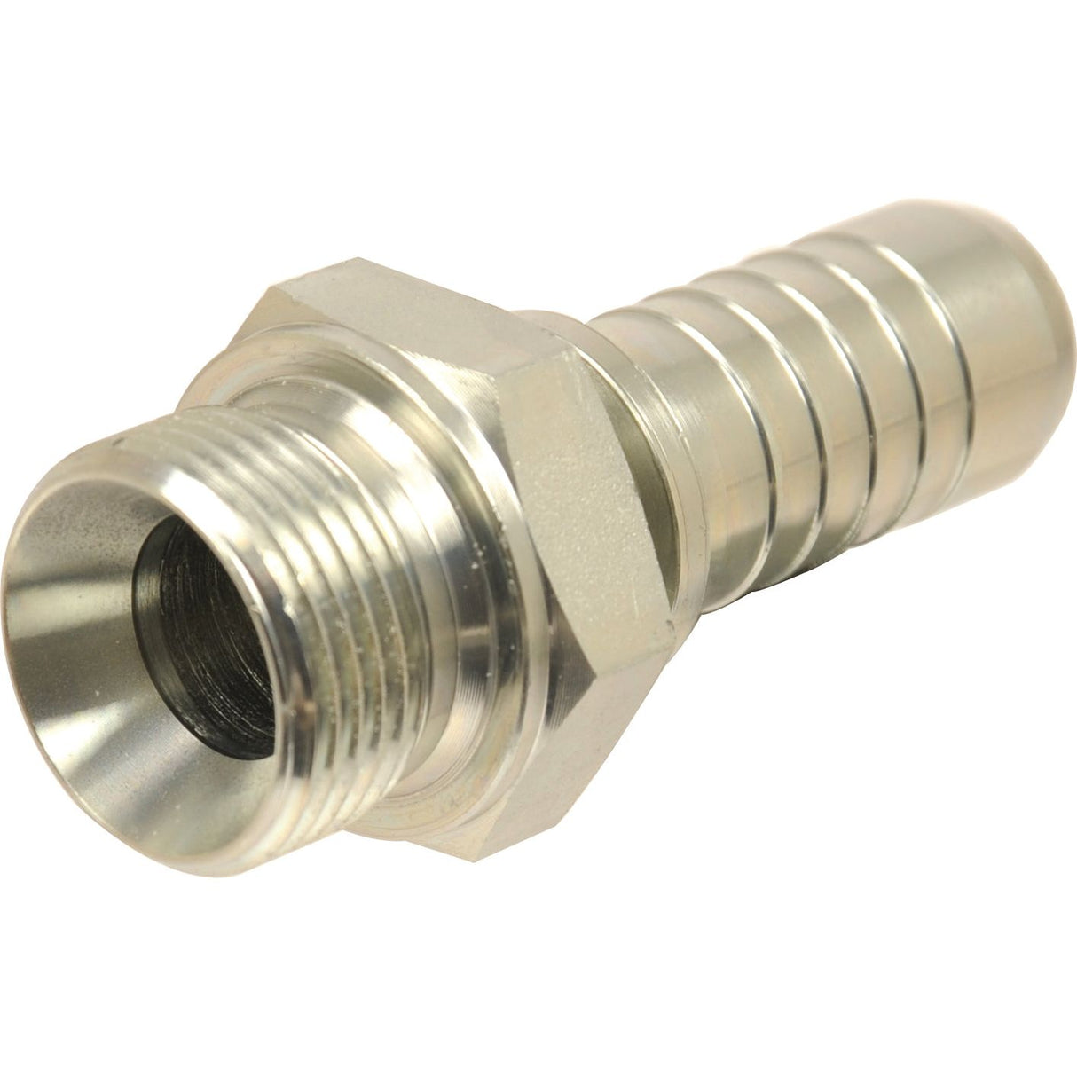 A close-up of a Sparex Dicsa BSP 60° Hose Insert 1/2'' x 5/8'' Male Thread Straight, featuring a threaded end and ridged hose connection section (Sparex Part No. S.26527).
