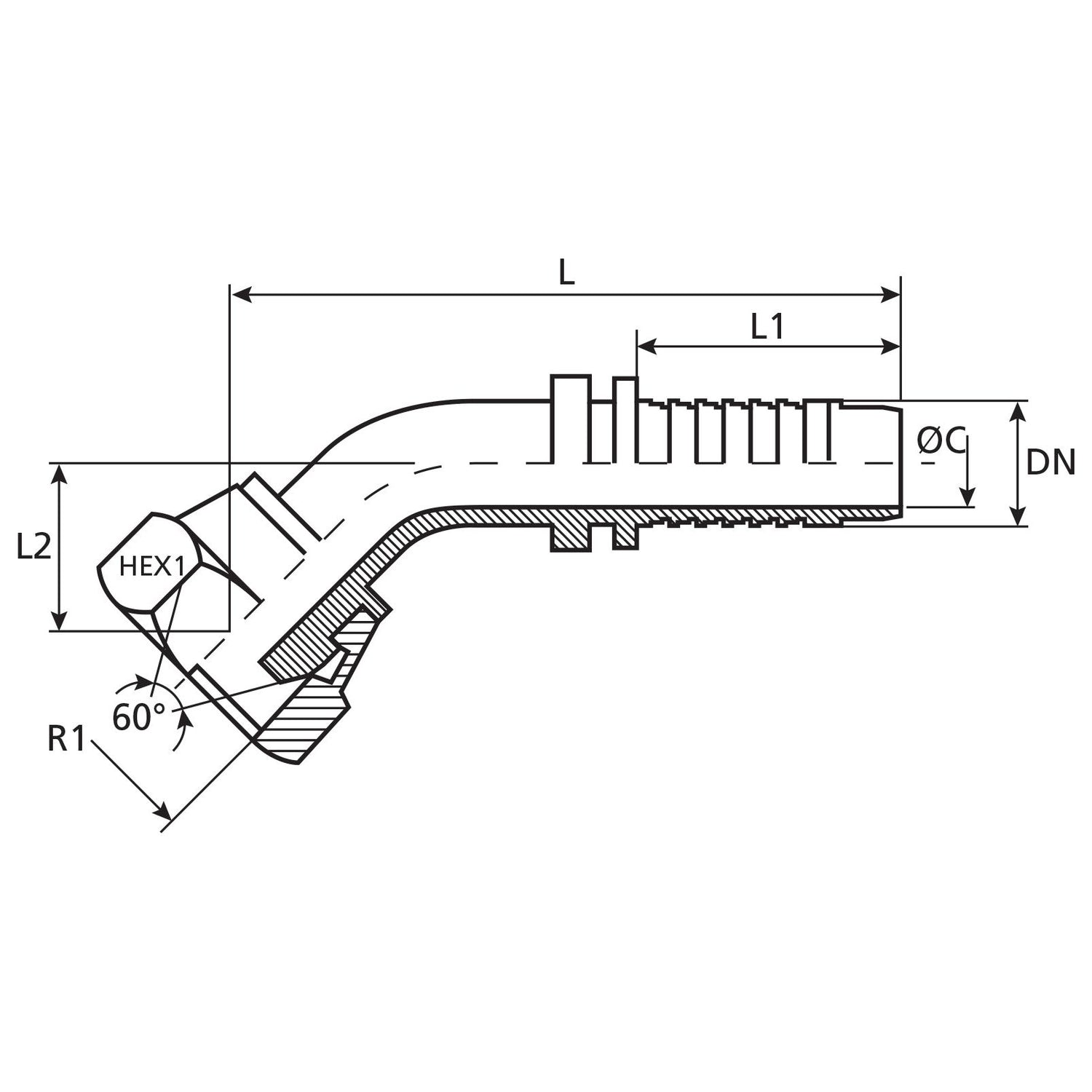 Technical drawing of a Dicsa BSP fitting with a 135° swept swivel elbow design, including dimensions for length (L and L1), diameter (Ø and DN), and specific angles. The fitting features a hexagonal nut marked HEX1, compatible with Sparex's Dicsa BSP 60° Hose Insert 1/2'' x 5/8'' Female Thread at a 135° Swept Swivel | Sparex Part No.S.26599.