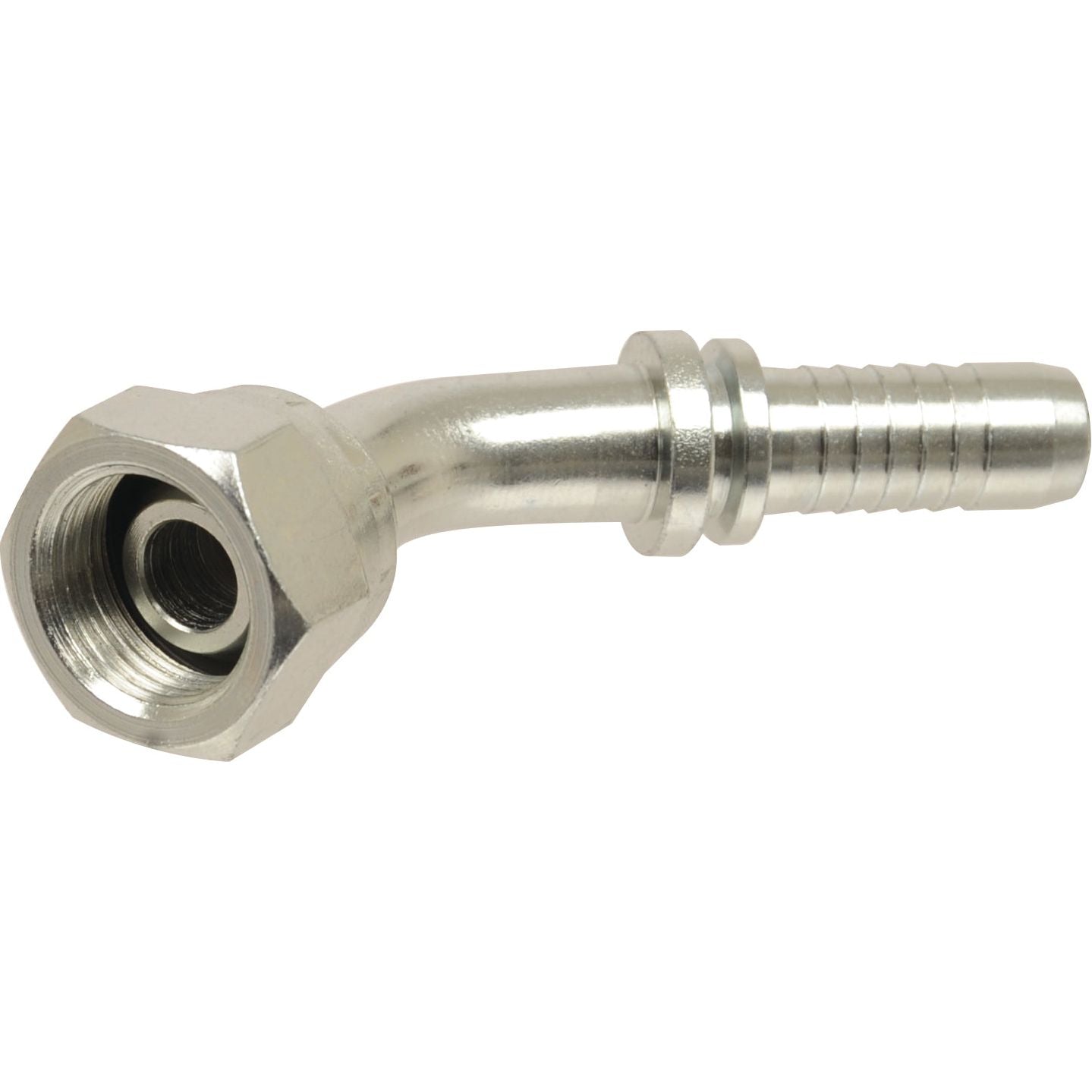 The Sparex Dicsa BSP 60° Hose Insert 1/2'' x 5/8'' Female Thread 135° Swept Swivel (Sparex Part No.S.26599) is a metal hose fitting with a threaded end and a ribbed end, designed for connecting hoses to other fixtures.