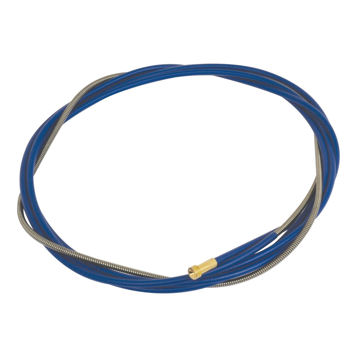 The Sparex MIG-LINER STEEL 0.6-0.9MM WIRE, part number S.26697, is a blue and silver coiled flexible cable with a brass connector tip. It is ideal for mechanical or industrial applications and is designed to accommodate 0.6mm - 0.9mm wire sizes.