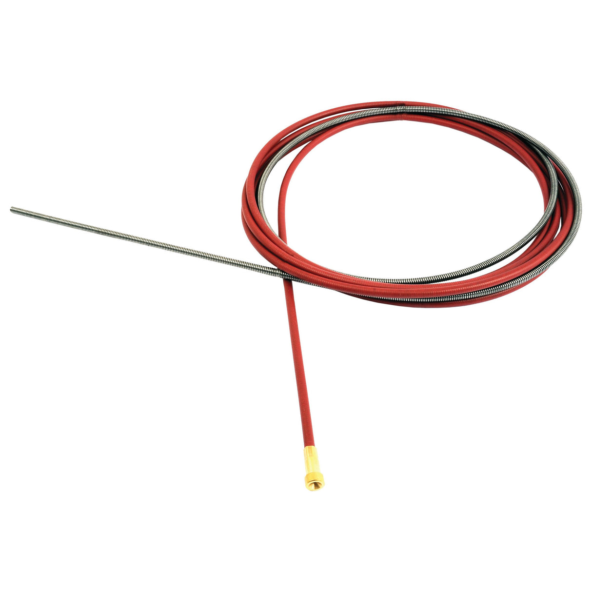 An image of the MIG-LINER STEEL 1.0-1.2MM WIRE by Sparex (Sparex Part No.S.26698), featuring a durable steel wire construction in a coiled red and metallic design with a yellow tip at one end.