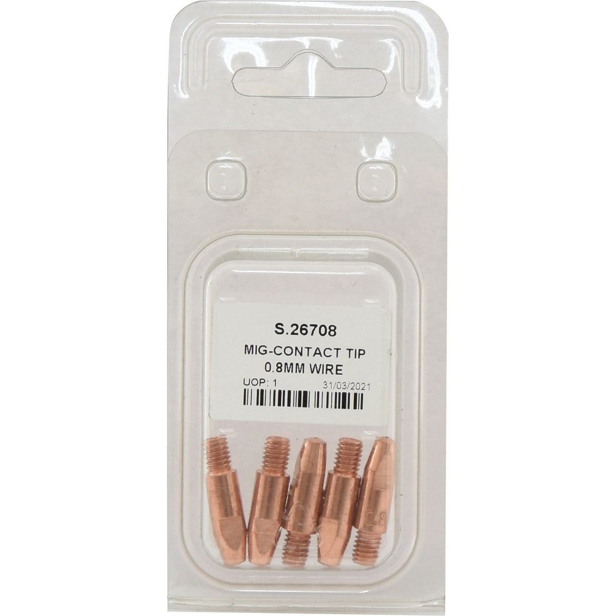 Package of five Sparex MIG contact tips for 0.8mm wire, M6 x 28mm, labeled "Sparex Part No.S.26708".