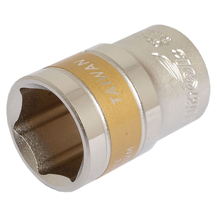 A close-up image of a chrome vanadium, 19mm standard socket with "TAIWAN" and "12" engraved on its gold and silver colored surface shows the Sparex Standard Socket 1/2'' Drive | Sparex Part No.S.26838.