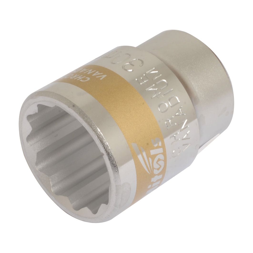 The Sparex Standard Socket 3/4'' Drive | Sparex Part No.S.26848 is crafted from chrome vanadium steel with a 12-point design, available in a 30mm size, and features gold and silver color bands along with inscriptions indicating its specifications.