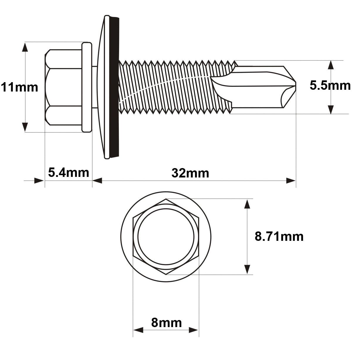 Technical drawing of a Hexagon Head Self Fixing (TEK) Screw, zinc plated, 5.5x32mm (DIN 7504K) | Sparex Part No.S.27060 by Sparex. The screw length is 32 mm, the head width is 8 mm, the flange diameter is 8.71 mm, and thread diameter is 5.4 mm with a 5.5 mm tip.