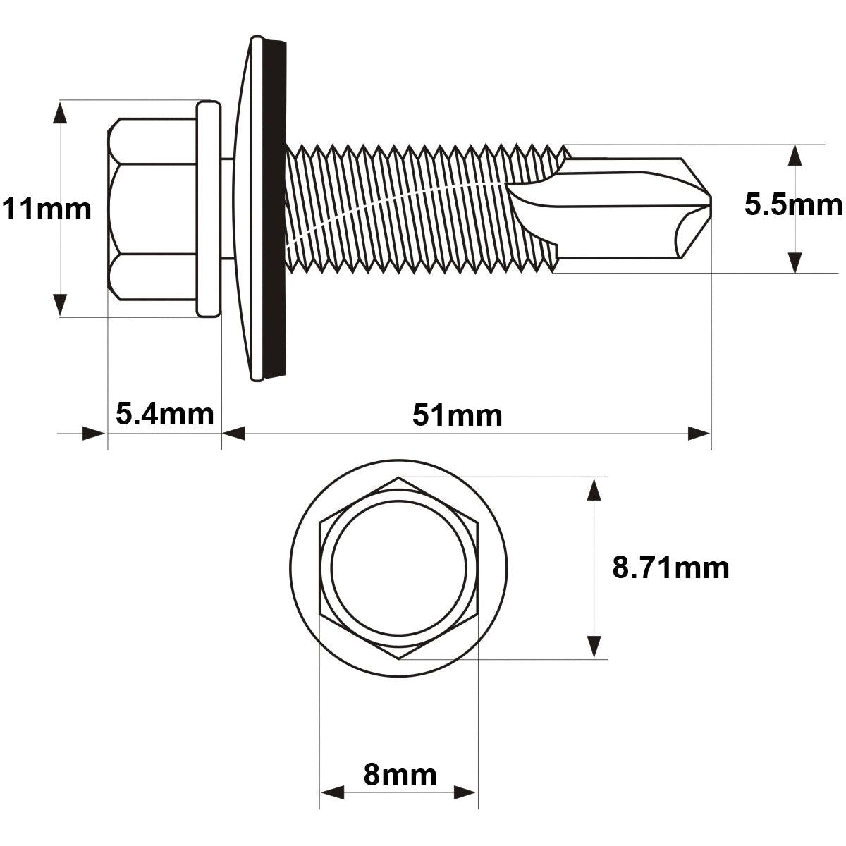 Technical drawing of the Hexagon Head Self-Fixing (TEK) Screw, 5.5x51mm (DIN 7504K). Length: 51mm; Width at widest point: 11mm; Hex head diameter: 8.71mm; Hex head height: 8mm; Thread width: 5.4mm; Tip width: 5.5mm. Zinc plated for durability and precision in design, manufactured by Sparex under Part No.S.27062.