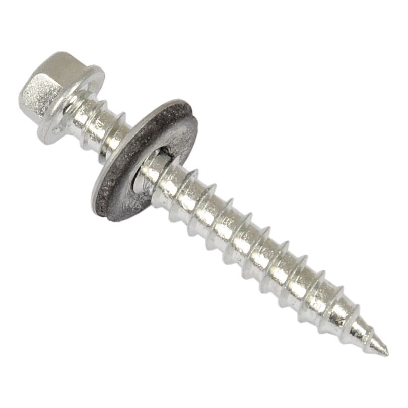 A Sparex Hexagon Head Self Fixing (TEK) Screw, 6.3x45mm (DIN 7504K) with an attached rubber washer and metal washer, ideal for securing metal roofing.