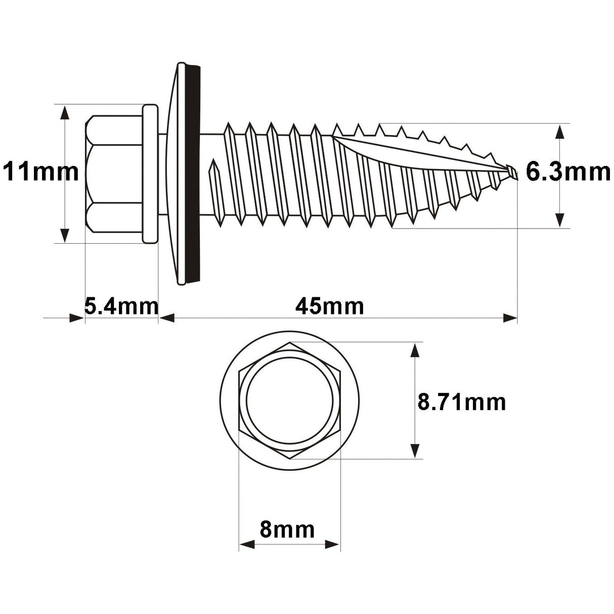 Technical drawing of the Sparex Hexagon Head Self Fixing (TEK) Screw, 6.3x45mm (DIN 7504K) with dimensions marked. The screw is 45mm long with a 6.3mm diameter, an 11mm head height, a 5.4mm internal hex, an 8mm head width, and an 8.71mm hex width.