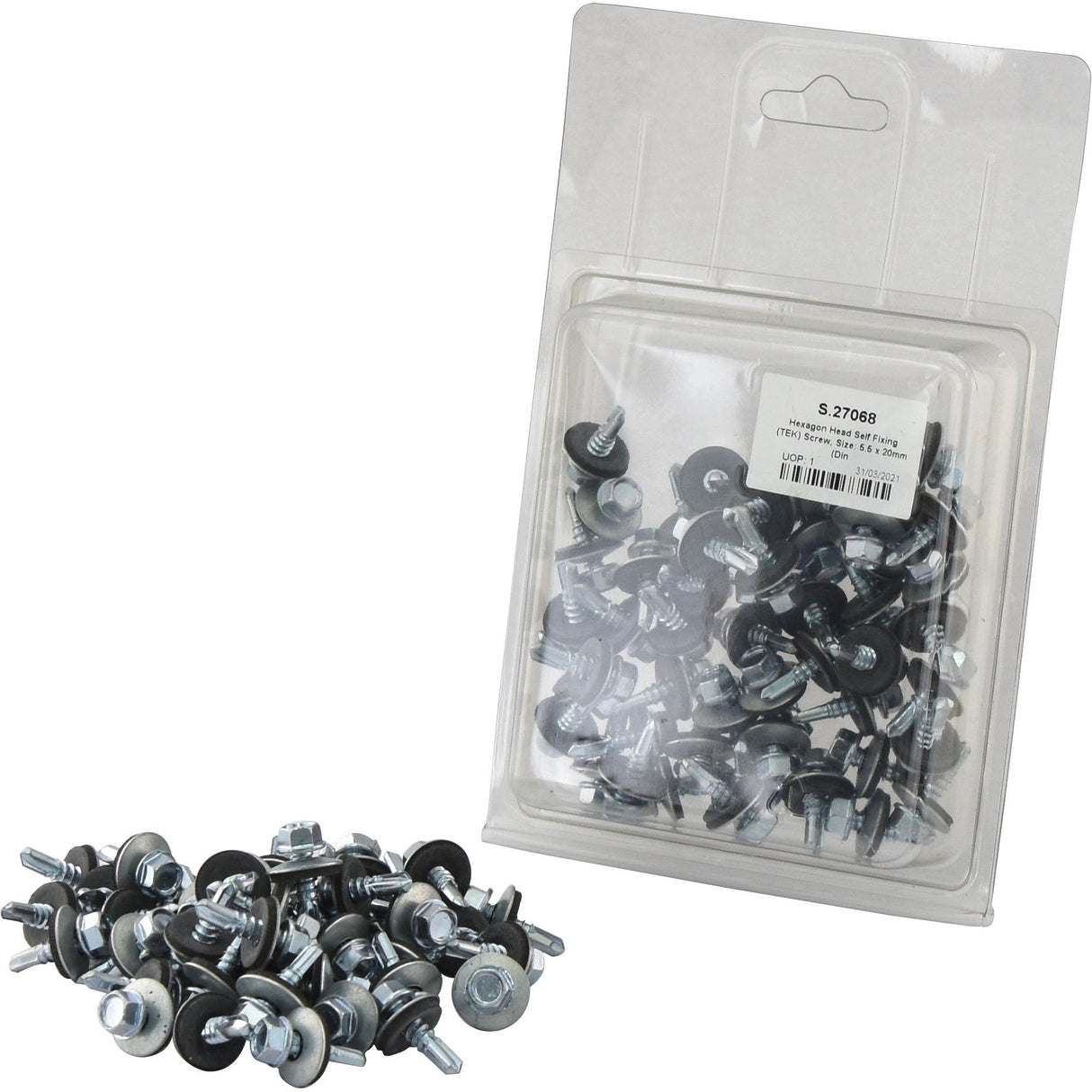 A clear plastic package filled with Sparex's zinc plated metal screws and washers, featuring some loose Hexagon Head Self Fixing Screws, 5.5x20mm (DIN 7504K), arranged neatly in front of it.
