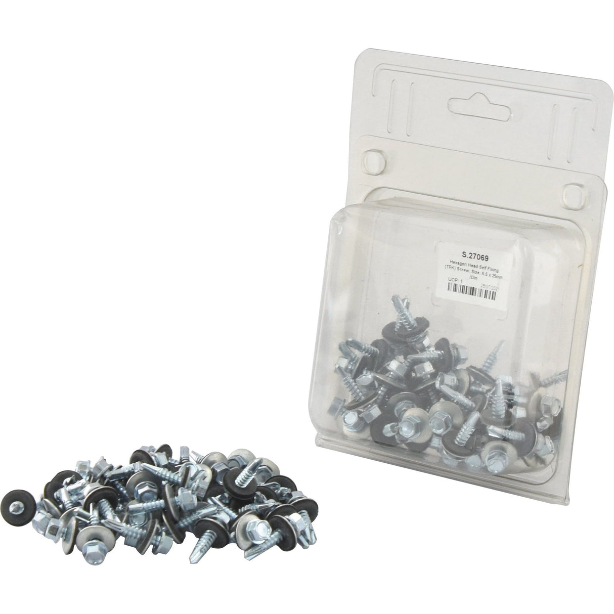 A pile of Sparex Hexagon Head Self Fixing (TEK) Screws, 5.5x25mm (DIN 7504K) with Part No.S.27069, is placed next to a plastic pack containing more self-fixing screws, with a visible item label on the packaging.