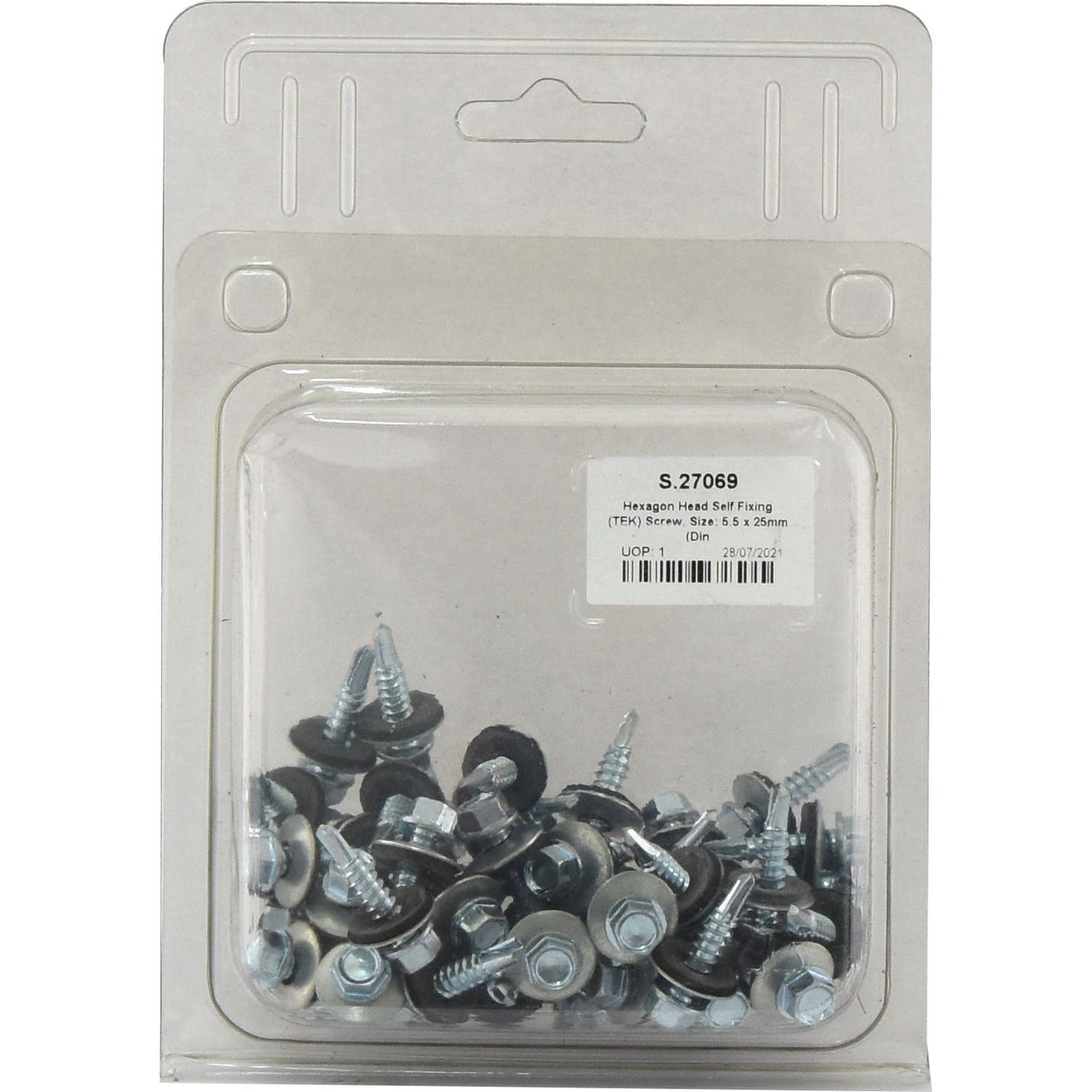 A package of Sparex Hexagon Head Self Fixing (TEK) Screws, size 5.5 x 25mm (DIN 7504K), labeled with "Sparex Part No. S.27069" and a barcode on it.