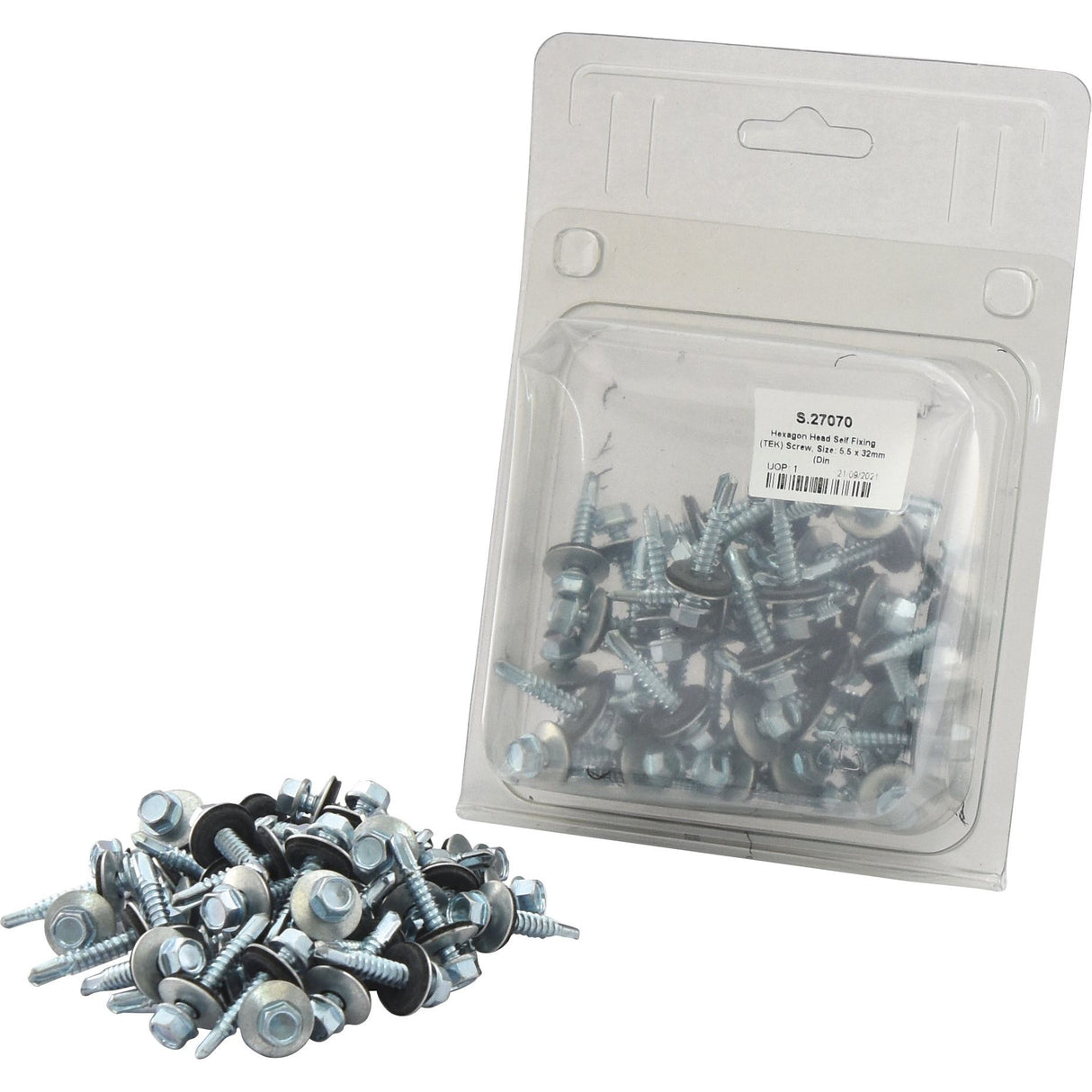 A small pile of zinc plated screws with attached washers sits next to a sealed plastic package containing more Sparex Hexagon Head Self Fixing (TEK) Screws, 5.5x32mm (DIN 7504K), Part No. S.27070.