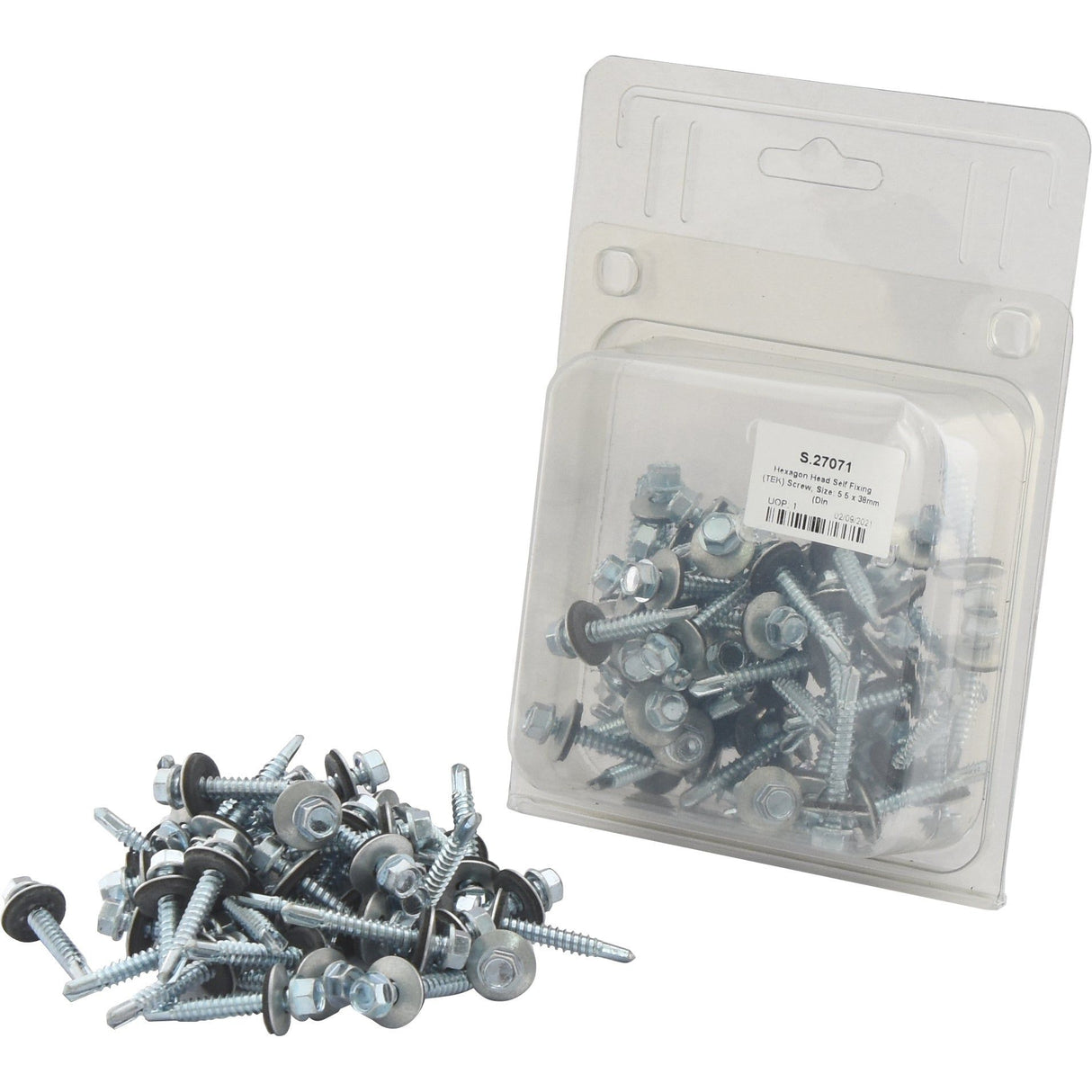 A Sparex-branded plastic package and a pile of 5.5x38mm Hexagon Head Self Fixing (TEK) Screws (DIN 7504K), Sparex Part No.S.27071, are shown on a white background.