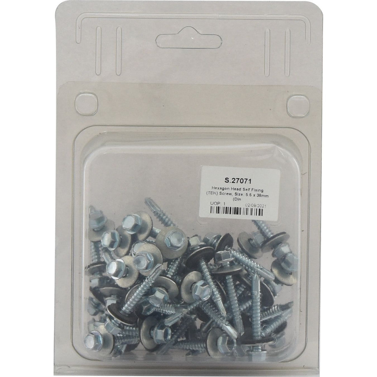 A package of Sparex-branded zinc-plated hexagon head self-fixing screws, complete with washers and labeled as size 5.5x38mm (DIN 7504K), Sparex Part No. S.27071.