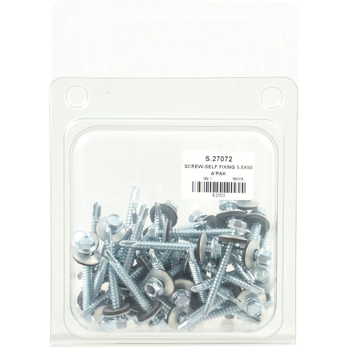 A plastic container filled with Sparex Hexagon Head Self Fixing (TEK) Screws, 5.5x50mm (DIN 7504K), labeled with product details and carrying the Sparex Part No.S.27072.