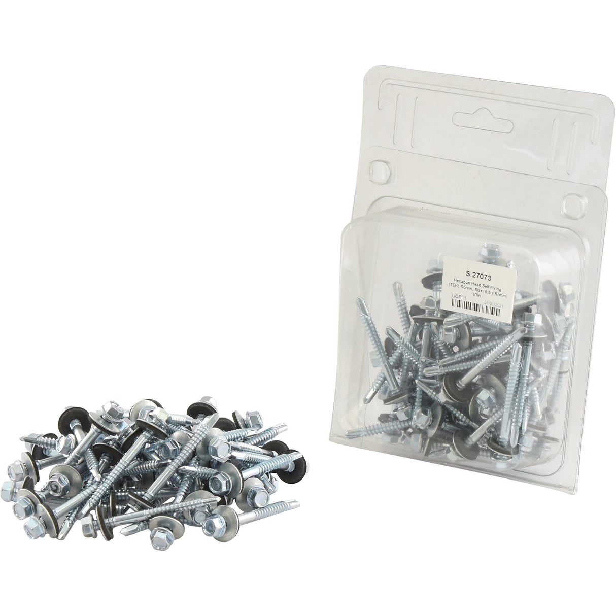 A pile of zinc-plated screws and bolts is shown next to a clear plastic package containing more Hexagon Head Self Fixing (TEK) Screws, 5.5x57mm (DIN 7504K), branded as Sparex Part No. S.27073.