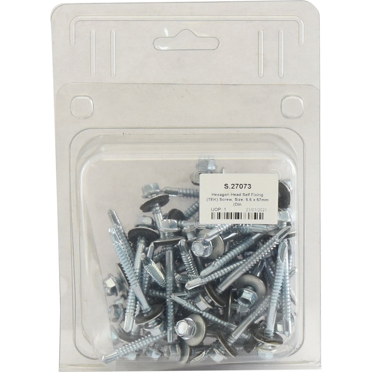 Pack of zinc-plated, assorted Hexagon Head Self Fixing (TEK) Screws, 5.5x57mm (DIN 7504K), in clear plastic packaging with a label displaying product details by Sparex, Part No. S.27073.