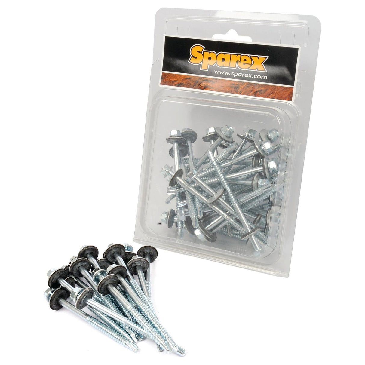 A pack of Sparex Hexagon Head Self Fixing (TEK) Screws, 5.5x98mm (DIN 7504K) with some screws scattered in front of it.