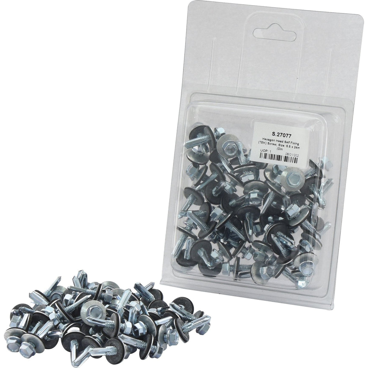 A clear plastic pack contains several Sparex Hexagon Head Self Fixing (TEK) Screws, Size: 5.5 x 24mm (Din 7504K) - S.27077, along with washers. Some of these zinc-plated screws are scattered beside the pack. The pack has a label with text on it.