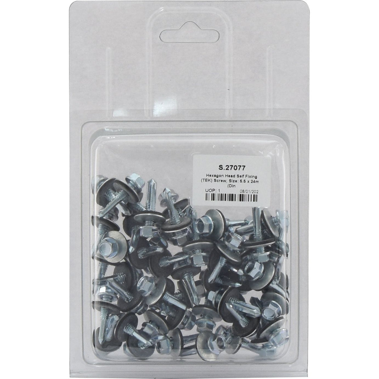 A plastic blister pack containing Sparex hexagon head self-fixing (TEK) screws, labeled with size 5.5 x 24 mm (Din 7504K) and code S.27077.