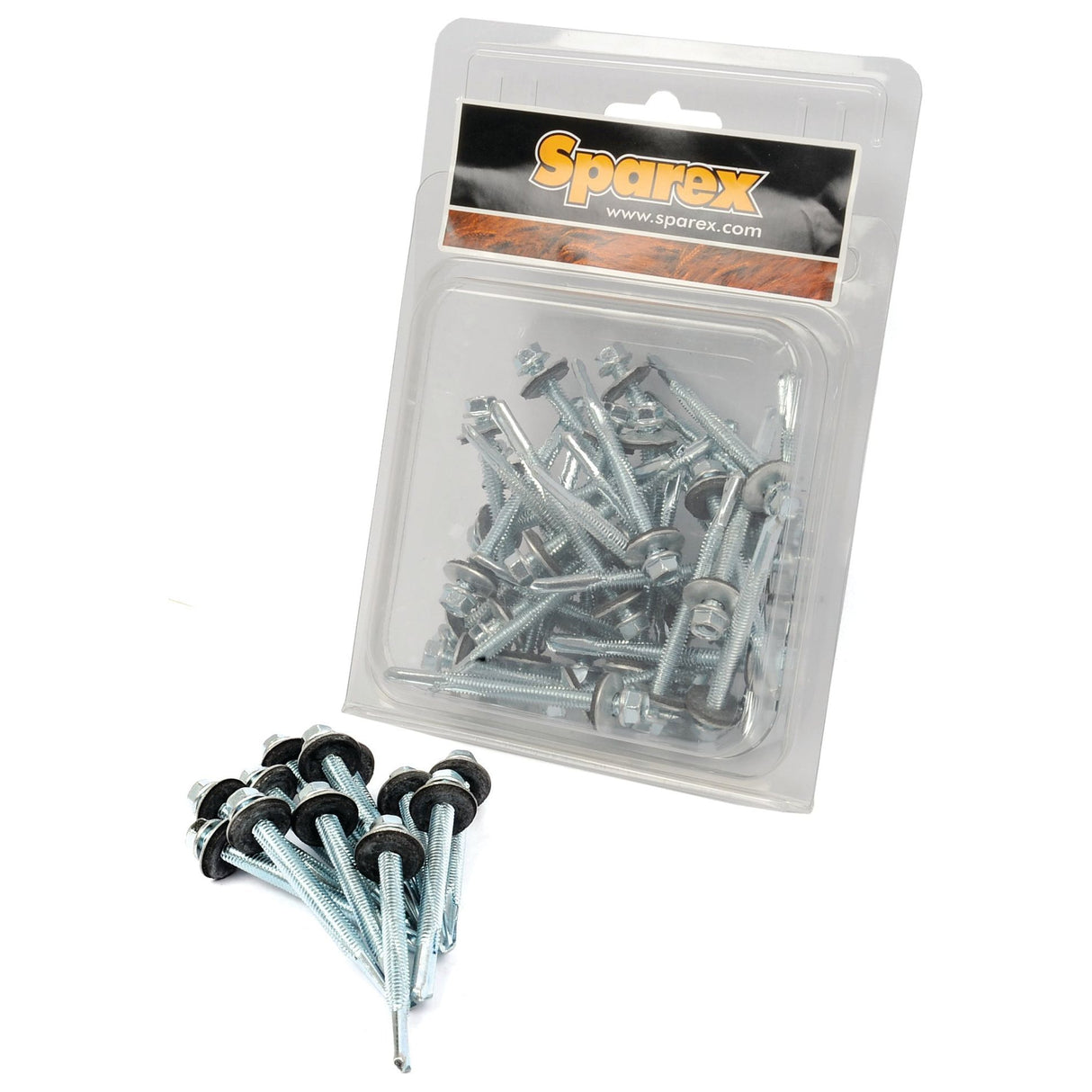 Plastic packaging containing Sparex Hexagon Head Self Fixing (TEK) Screws, 5.5x51mm (DIN 7504K), labeled "Sparex," with additional self-fixing screws displayed just outside the packaging.