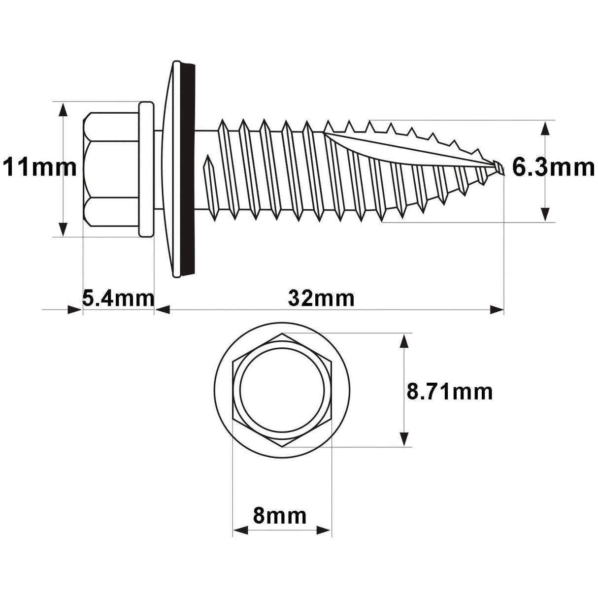 Diagram illustrating dimensions of a Sparex Hexagon Head Self Fixing (TEK) Screw with measurements: 11mm head height, 6.3mm thread diameter, 32mm total length, 5.4mm head width, and 8mm socket size. Product specifications: DIN 7504K | Sparex Part No.S.27084.