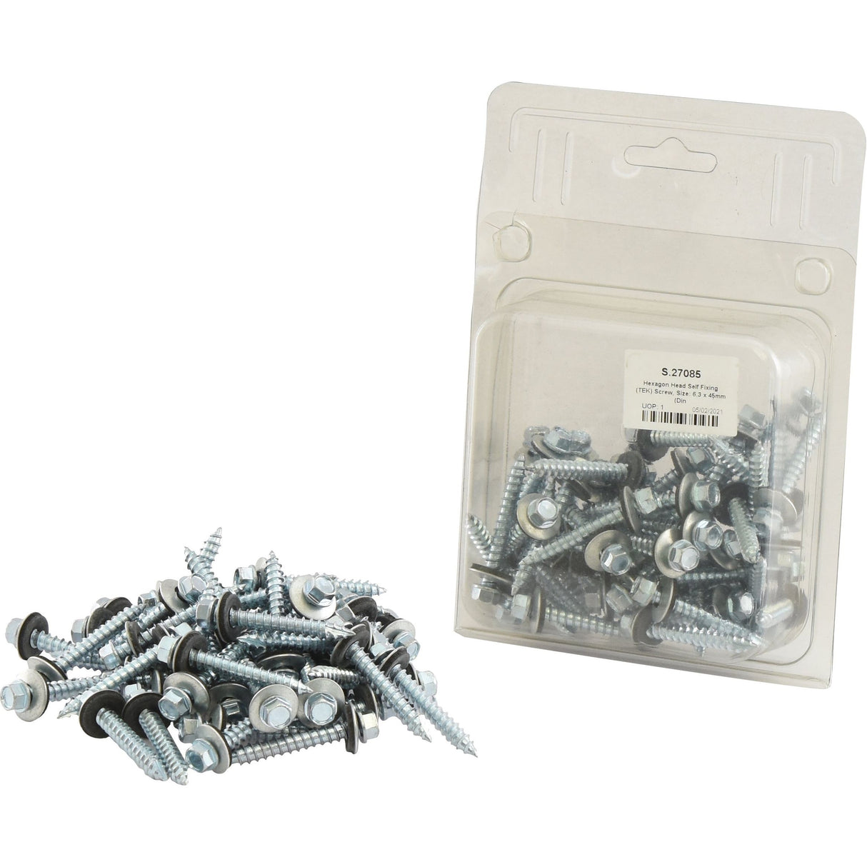 A pile of Sparex Hexagon Head Self Fixing (TEK) Screws, 6.3x45mm (DIN 7504K) with washers sits next to a plastic packaging containing more screws and washers, Sparex Part No. S.27085.