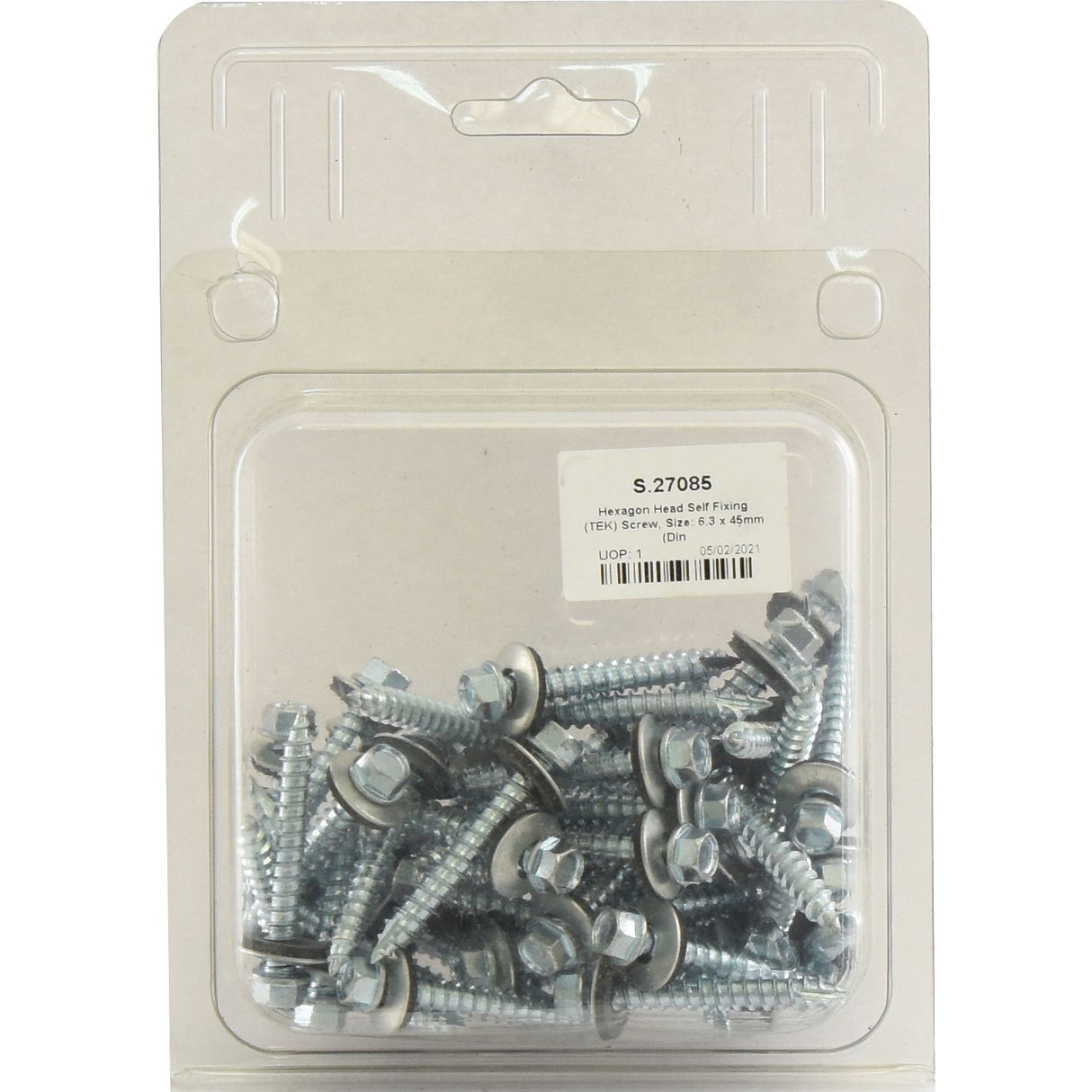 A transparent plastic package containing Sparex brand hexagon head self-fixing (TEK) screws, size 6.3x45mm (DIN 7504K). The label indicates the code S.27085.