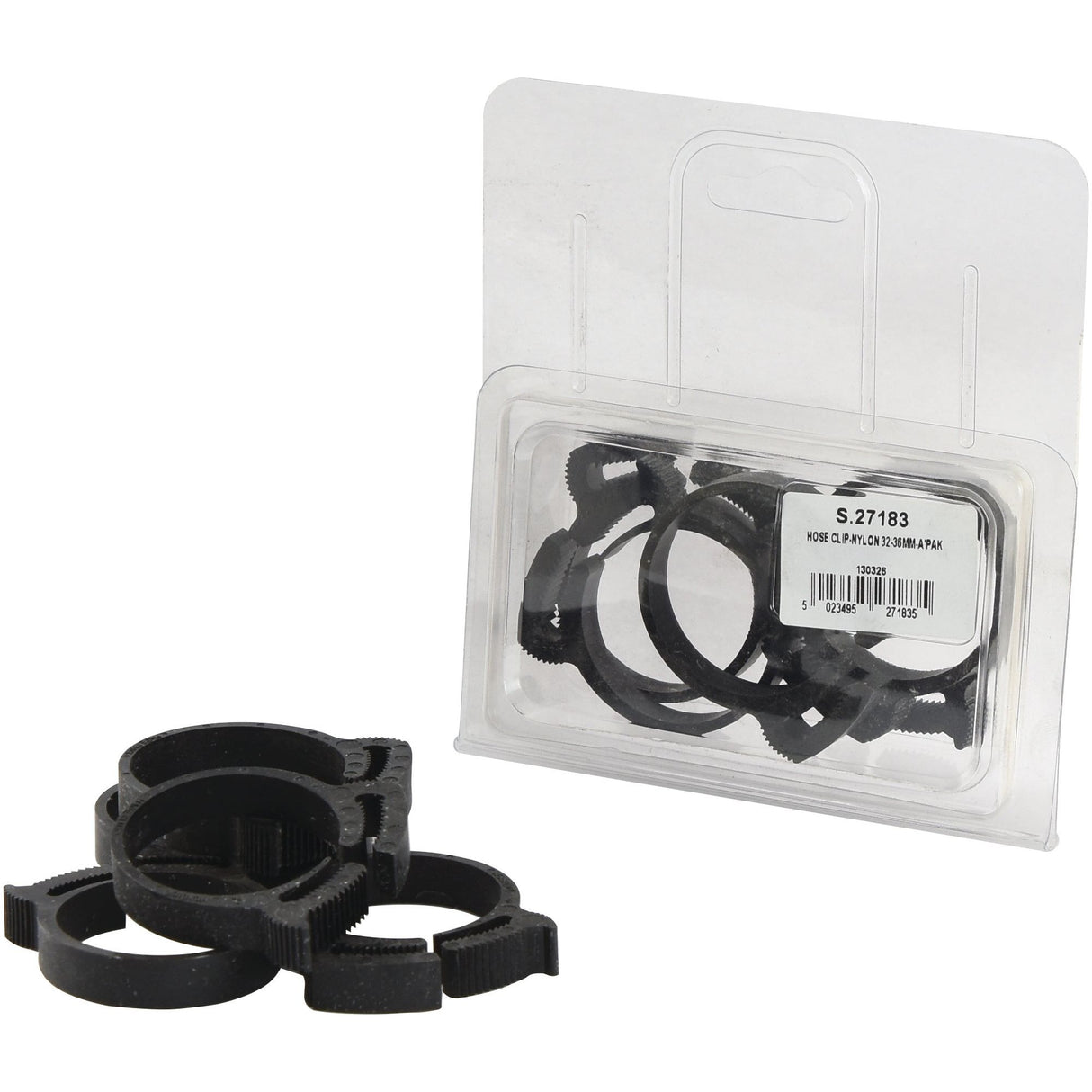 A pack of Sparex Nylon Hose Clips, adjustable from Ø32mm to Ø36mm, is displayed in plastic packaging labeled "Sparex Part No. S.27183." The package contains 5 pcs of Agripak clips with additional loose fittings placed in front.