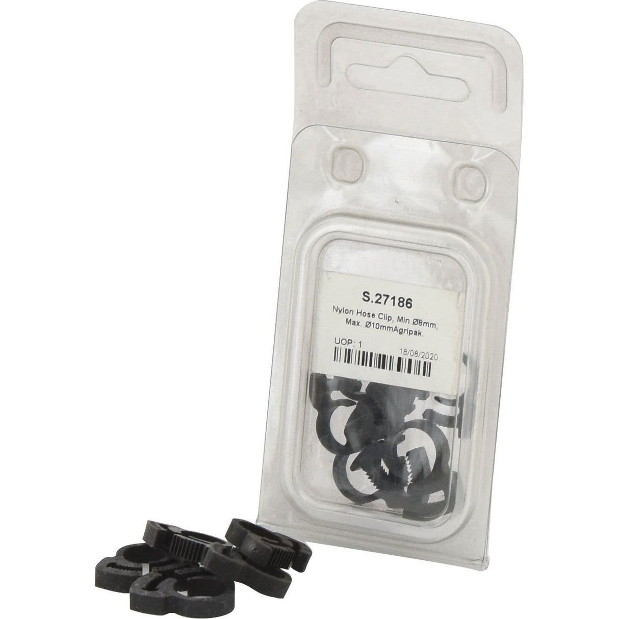 A package labeled "S.27186" containing Sparex Nylon Hose Clips, Min Ø8mm, Max Ø10mm, 5 pcs. Agripak, with several clips outside of the package.