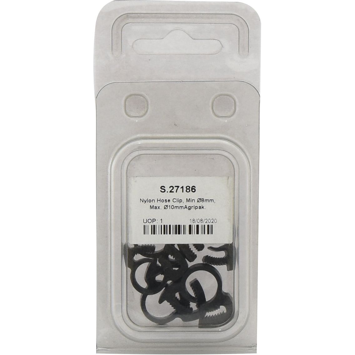 A plastic package containing 5 black Nylon Hose Clips is labeled "Sparex Part No. S.27186, Nylon Hose Clip, Min Ø8mm, Max Ø10mm, Agripak." The packaging date is 18/08/2020.