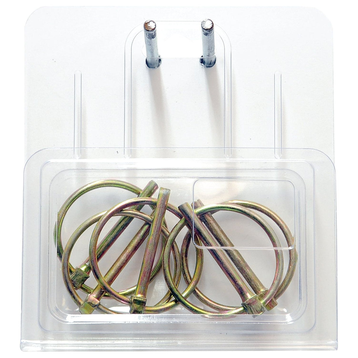 A pack of Sparex Round Linch Pins, Pin Ø4.5mm x 43mm (5 pcs. Agripak) | Sparex Part No. S.27193, in a clear plastic case, hanging on a white display hook.