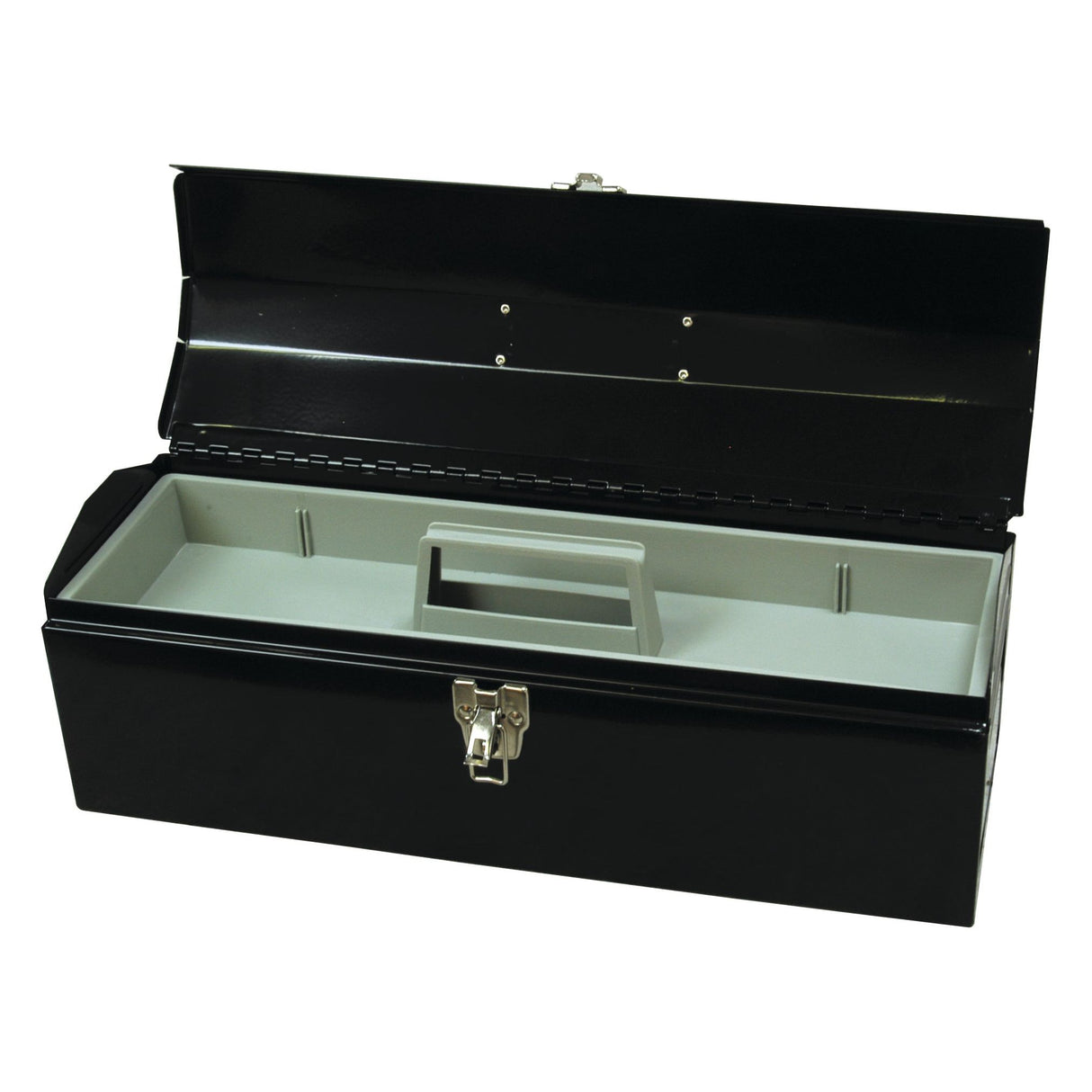 Open Sparex steel toolbox (Sparex Part No.S.27301) in black, featuring a removable inner tray and a sturdy front latch.