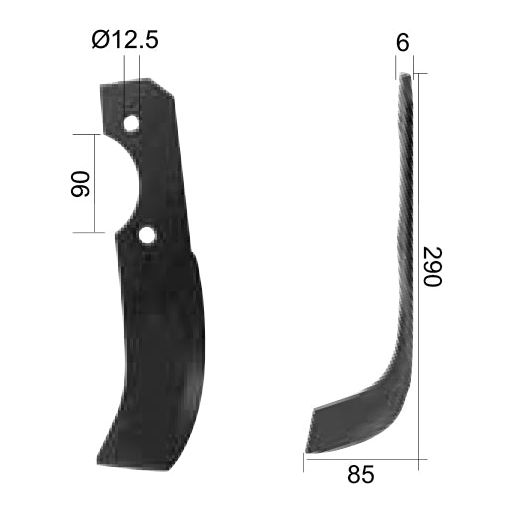 Rotavator Blade Curved LH 60x6mm Height: 290mm. Hole centres: 90mm. Hole⌀: 12.5mm. Replacement for Pegoraro
 - S.27373 - Farming Parts
