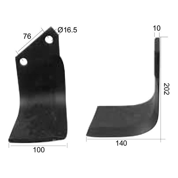 Rotavator Blade Square LH 100x10mm Height: 202mm. Hole centres: 76mm. Hole⌀: 16.5mm. Replacement for Horsch, Howard
 - S.27435 - Farming Parts