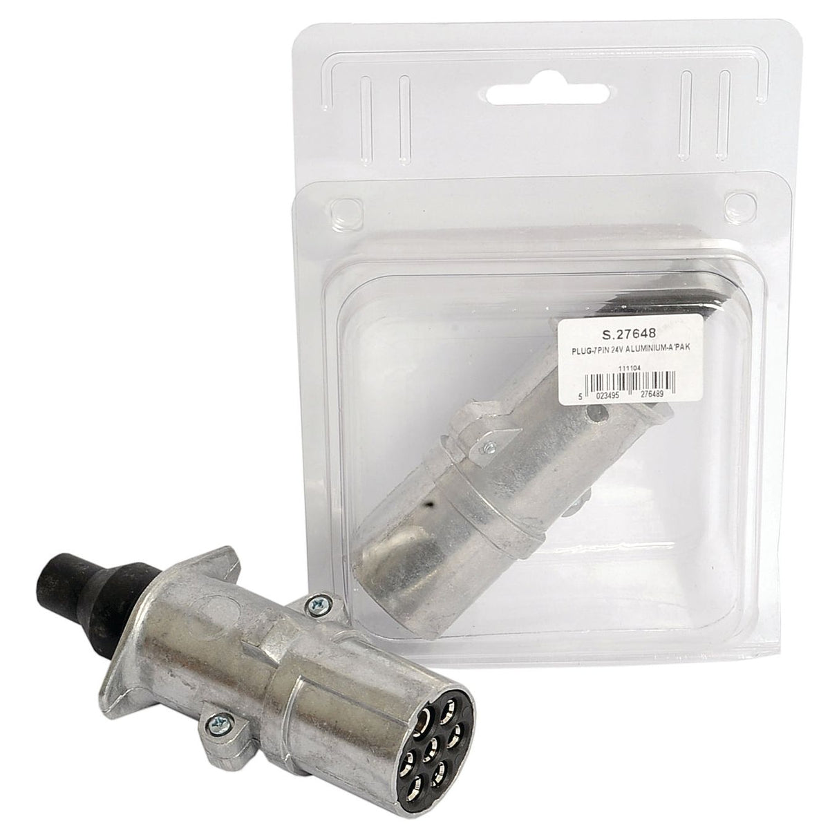 Photograph of a 7 Pin Trailer Plug (24V, Aluminium) by Agripak, with one plug outside and another inside transparent plastic packaging. The packaging label reads "S.27648 Plug 7-pin Aluminium Pak" by Sparex.